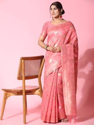 Pink Plain Linen Saree With Blouse 4