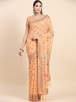 Orange Plain Cotton Saree With Blouse 1