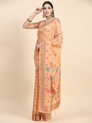 Orange Plain Cotton Saree With Blouse 2