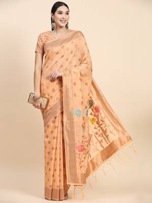 Orange Plain Cotton Saree With Blouse 3