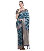 Blue Plain Silk Blend Saree With Blouse