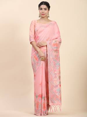 Pink Plain Cotton Saree With Blouse 1