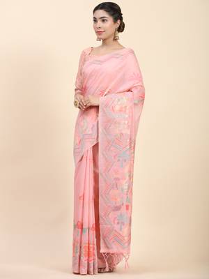 Pink Plain Cotton Saree With Blouse 2