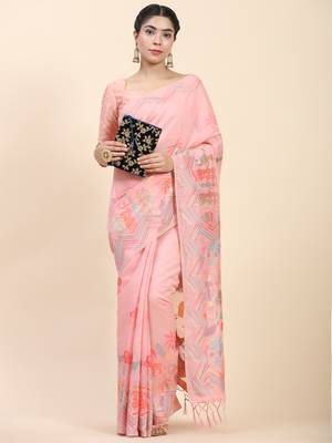 Pink Plain Cotton Saree With Blouse 3