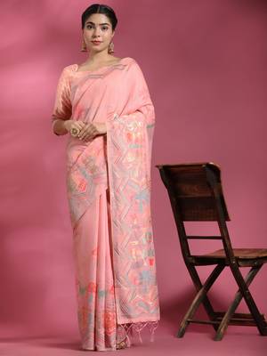 Pink Plain Cotton Saree With Blouse 4