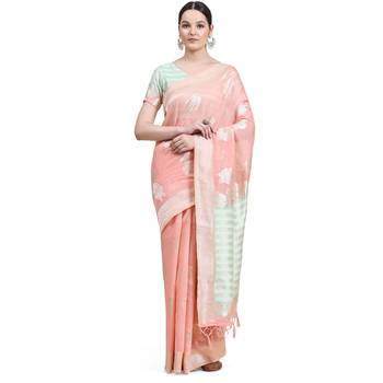 Peach Plain Cotton Saree With Blouse 1