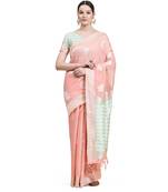 Peach Plain Cotton Saree With Blouse