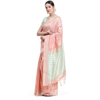 Peach Plain Cotton Saree With Blouse 2