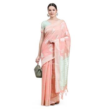 Peach Plain Cotton Saree With Blouse 3