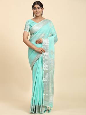 Blue Plain Linen Saree With Blouse 1