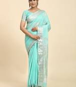 Blue Plain Linen Saree With Blouse
