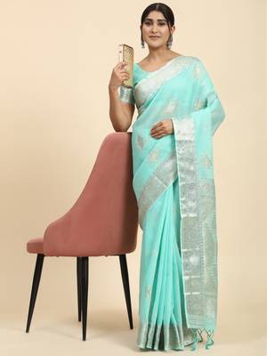 Blue Plain Linen Saree With Blouse 2