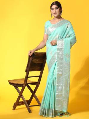 Blue Plain Linen Saree With Blouse 3