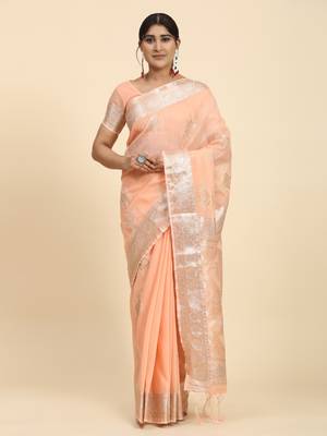 Peach Plain Linen Saree With Blouse 1