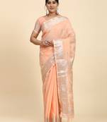 Peach Plain Linen Saree With Blouse