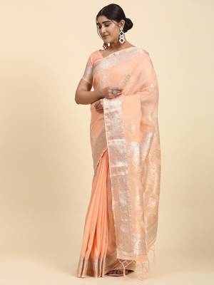 Peach Plain Linen Saree With Blouse 2