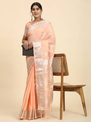 Peach Plain Linen Saree With Blouse 3