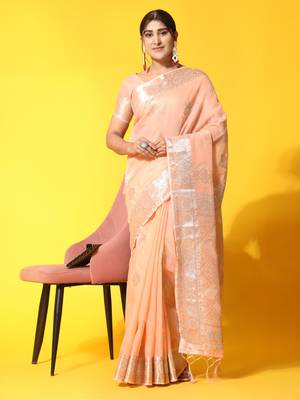 Peach Plain Linen Saree With Blouse 4