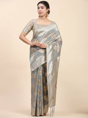 Grey Plain Cotton Saree With Blouse 1