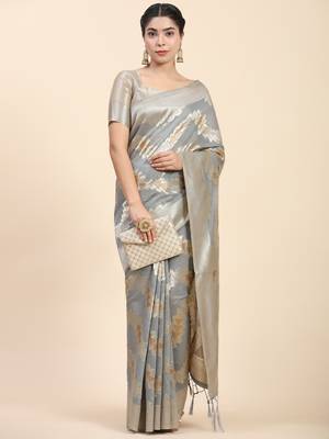 Grey Plain Cotton Saree With Blouse 3