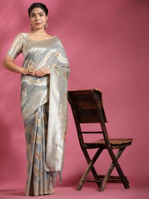 Grey Plain Cotton Saree With Blouse 4