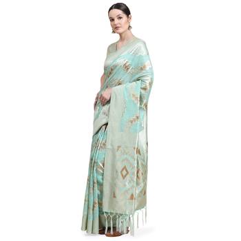 Green Plain Cotton Saree With Blouse 2