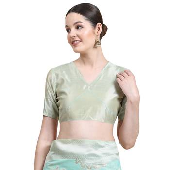 Green Plain Cotton Saree With Blouse 4