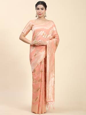 Peach Plain Cotton Saree With Blouse 1