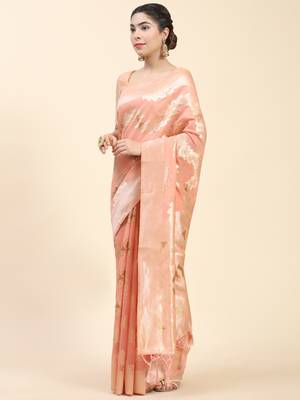 Peach Plain Cotton Saree With Blouse 2
