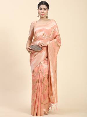 Peach Plain Cotton Saree With Blouse 3
