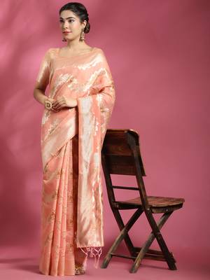 Peach Plain Cotton Saree With Blouse 4