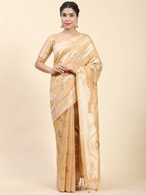 Peach Plain Cotton Saree With Blouse 1