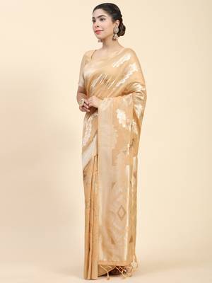 Peach Plain Cotton Saree With Blouse 2