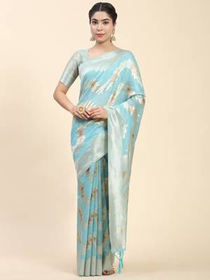 Blue Plain Cotton Saree With Blouse 1