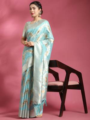 Blue Plain Cotton Saree With Blouse 3