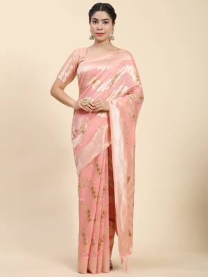 Pink Plain Cotton Saree With Blouse 1