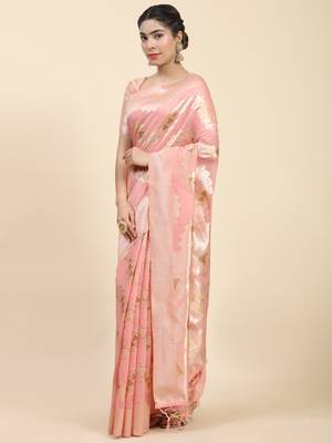Pink Plain Cotton Saree With Blouse 2