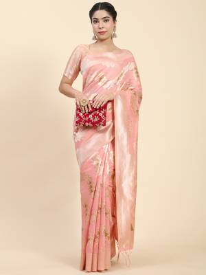 Pink Plain Cotton Saree With Blouse 3