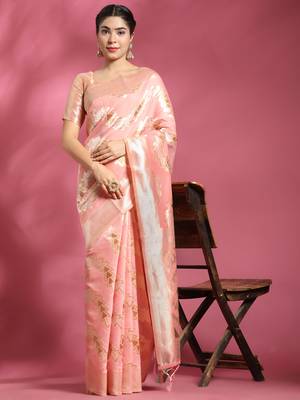 Pink Plain Cotton Saree With Blouse 4