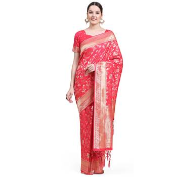 Rani Pink Plain Silk Blend Saree With Blouse 1