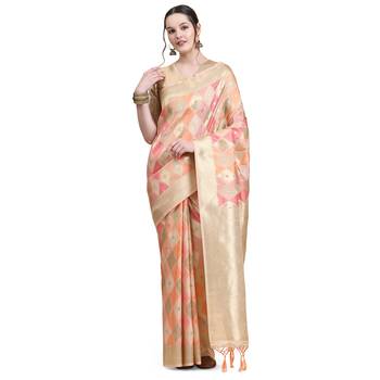Peach Plain Silk Organza Saree With Blouse 1