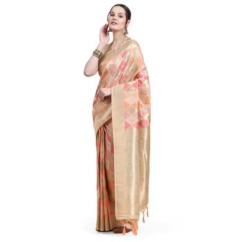 Peach Plain Silk Organza Saree With Blouse 2