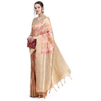 Peach Plain Silk Organza Saree With Blouse 3