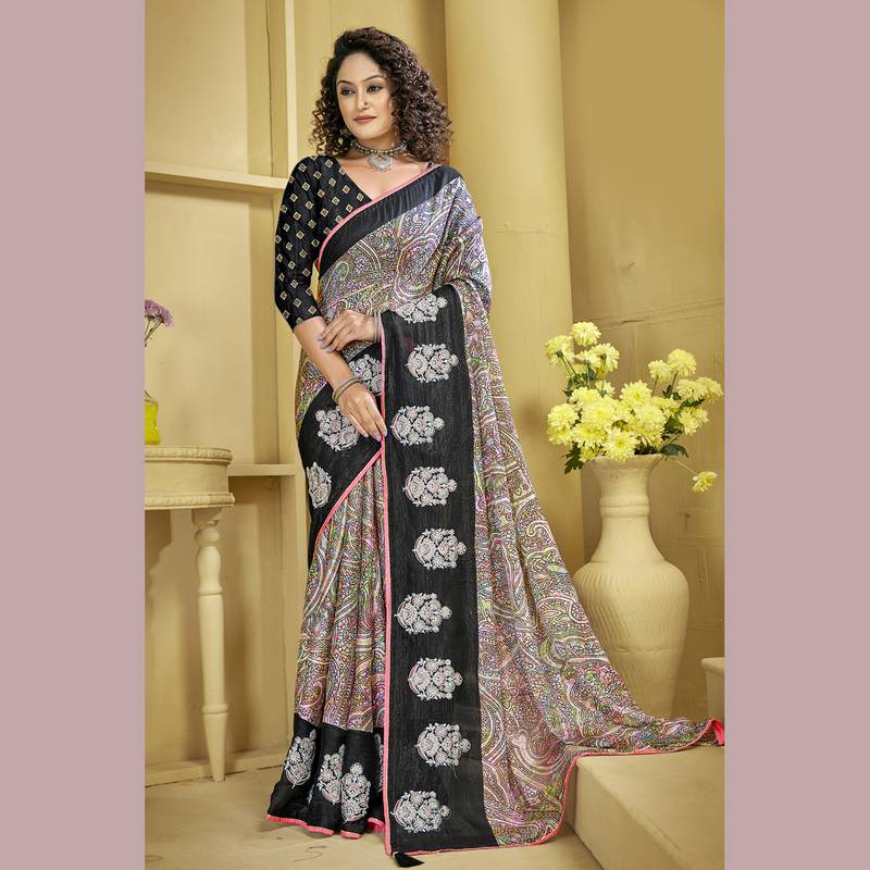 Multicolor embroidered chiffon saree with blouse