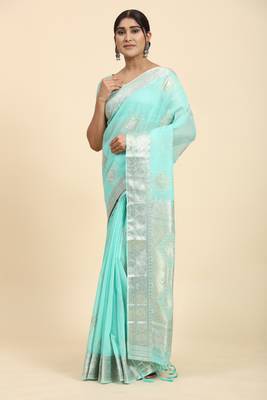 Blue Plain Linen Saree With Blouse 4