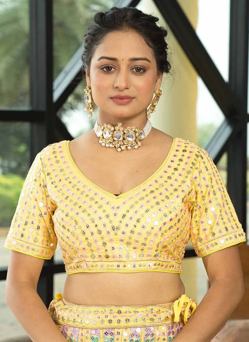 Yellow Sequins Zari And Thread Embroidered Heavy Dola Silk With Heavy Fusing Wedding Designer Lehenga