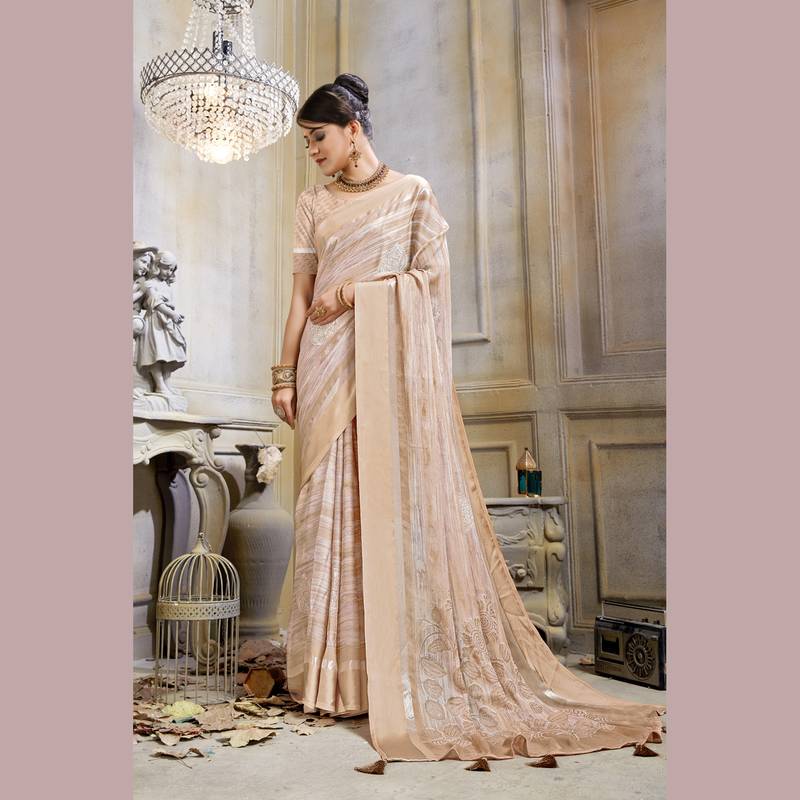 Orange embroidered pure chiffon saree with blouse