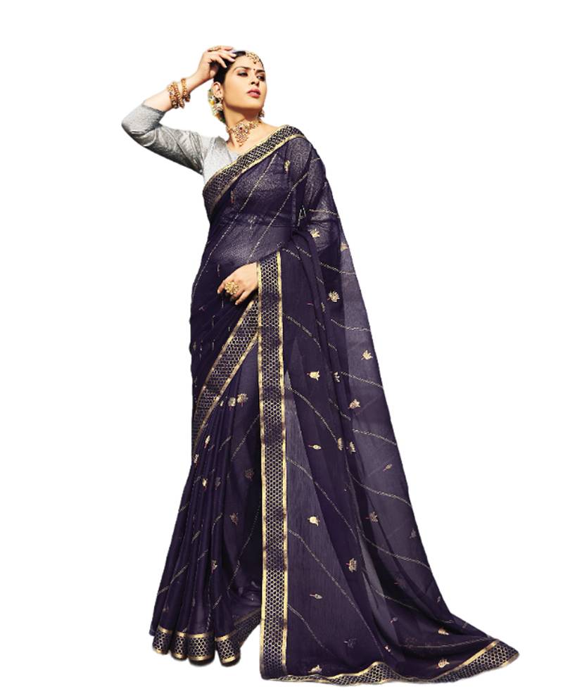 Women Navy Blue Silk Blend Digital Print Saree With Unstitched Blouse