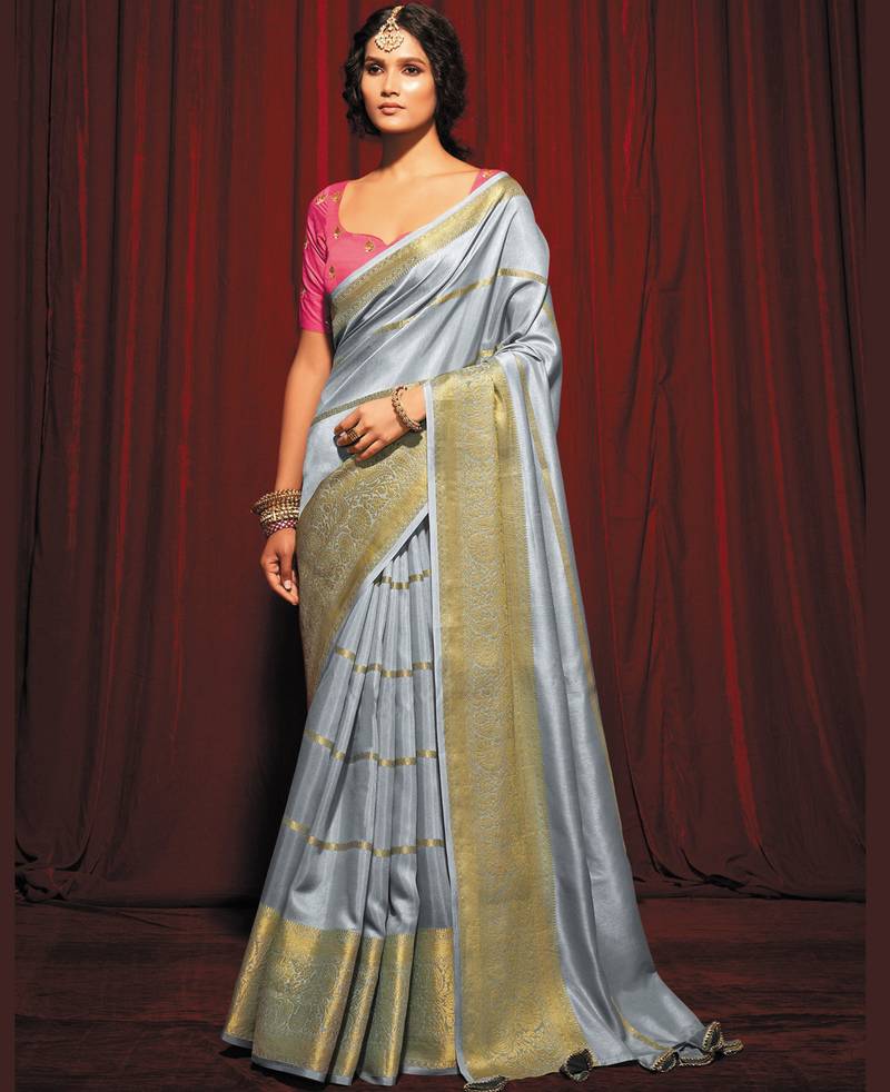 Grey Printed Silk Blend Saree With Unstitched Blouse Piece main image 1