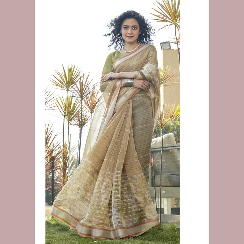 Light green printed organza saree with blouse